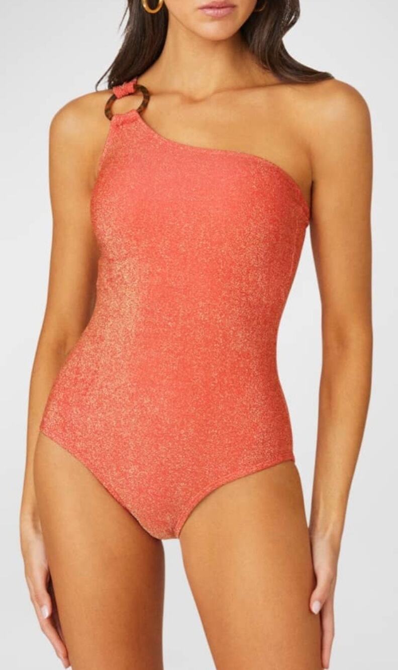 Shoshanna Hot Coral Glitter One Shoulder One Piece Swim Bathing Suit 10 NWT